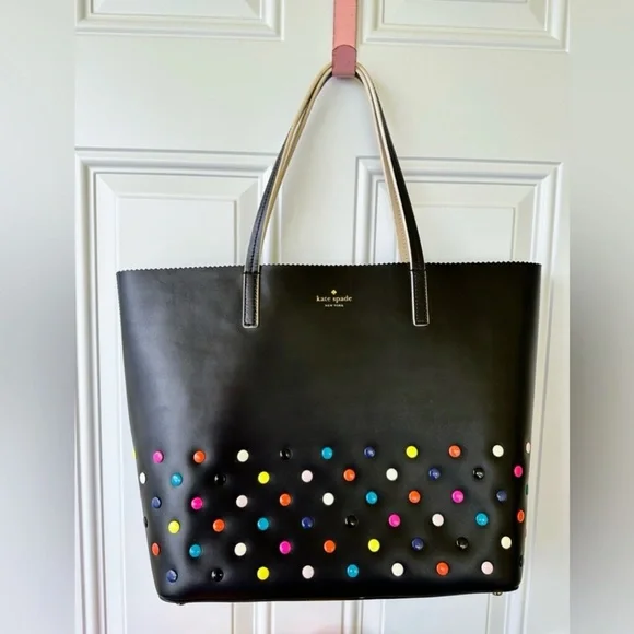 Kate Spade NEW Black Leather Multicolor Dots Tote Bag, Dust Bag Included